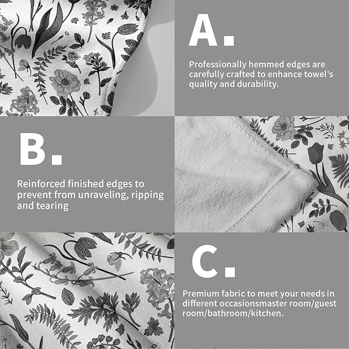 Spring Floral Hand Towels for Bathroom Set of 2 Black Grey White Flower Leaves - Image 5