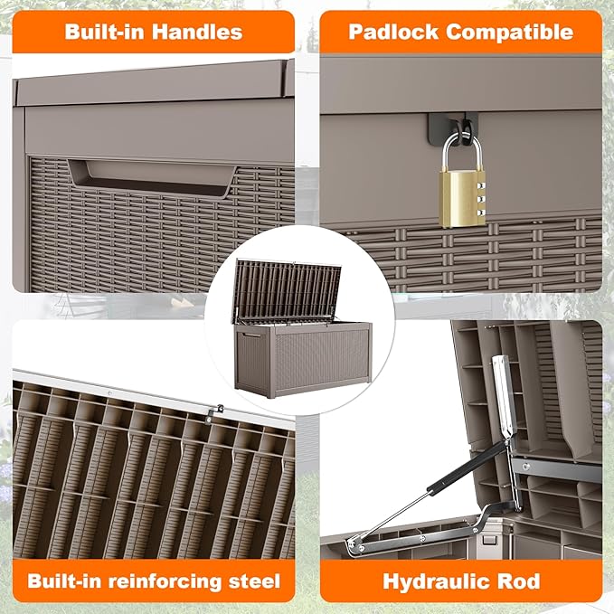 320 Gallon Resin Deck Box, Lockable Patio Outdoor Storage Box for Furniture, Garden Tools and Tools Storage, Waterproof Outside Storage Boxes - Grey - Image 3