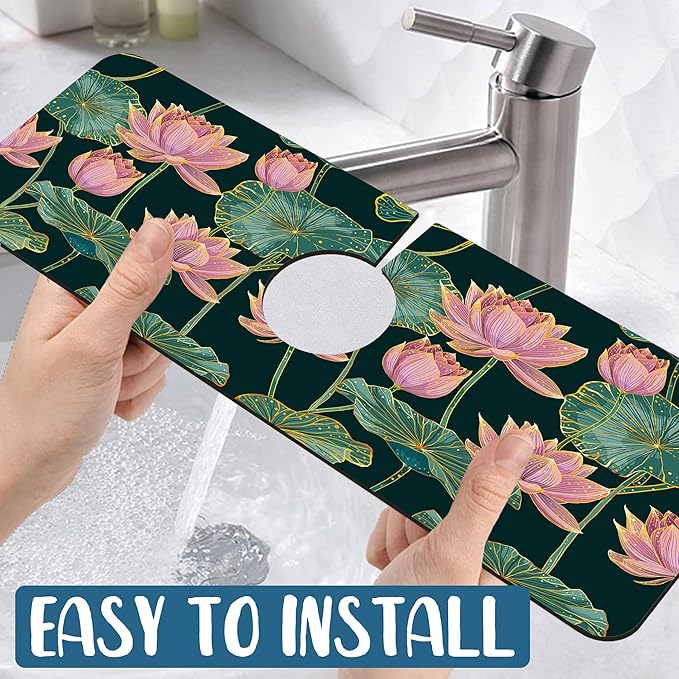 Lotus Pond Pattern Sink Splash Guard Faucet Mat Lotus Flowers Leaves Super - Image 5