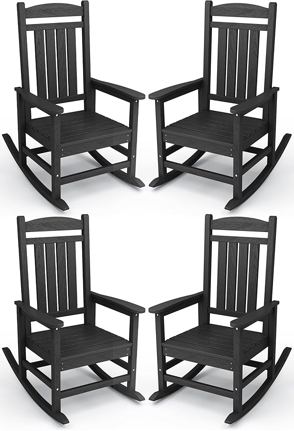 KINGYES Outdoor Rocking Chair Set of 4, High Density Polyethylene Patio Rocking Chairs with 330lbs Support for Adults, Black by KINGYES