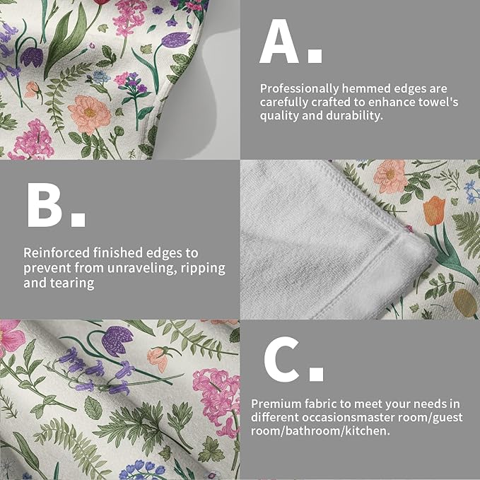 Spring Floral Hand Towels for Bathroom Set of 2 Pink Flowers Sage Green Leaves - Image 5
