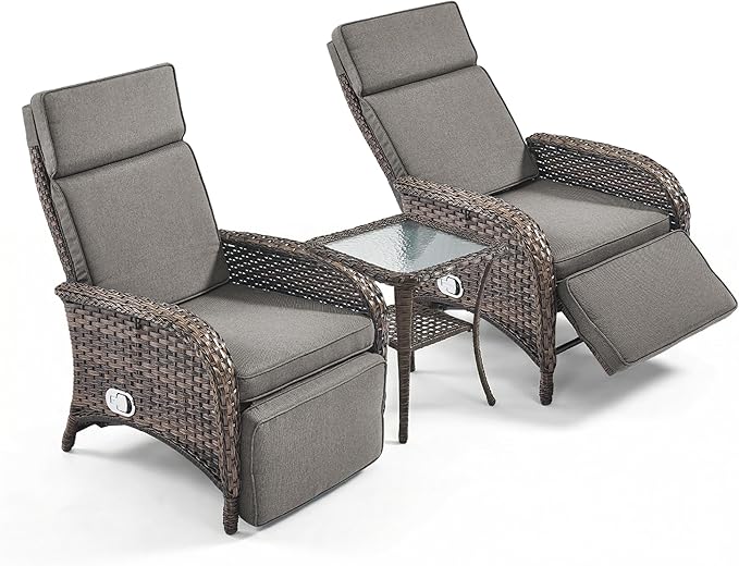 3 Pieces Zero Gravity Wicker Patio Recliner Chairs Set of 2 - Wicker Outdoor Lounge Chair with Side Table, Adjustable Backrest & Footrest, High Back Outdoor Recliner Chair for Pool Deck Gray - Image 7