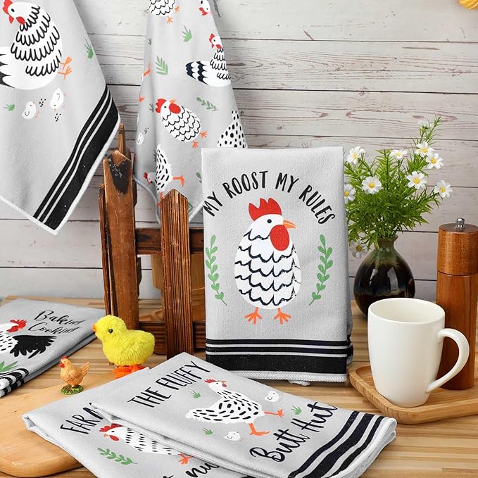 Boyiee Set of 6 Farm Chickens Kitchen Towels Farmhouse Absorbent Dish Tea - Image 3
