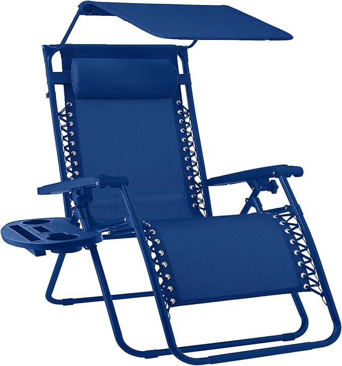 Best Choice Products Folding Zero Gravity Outdoor Recliner Patio Lounge Chair w/Adjustable Canopy Shade, Headrest, Side Accessory Tray, Textilene Mesh - Marine by BestChoiceProducts