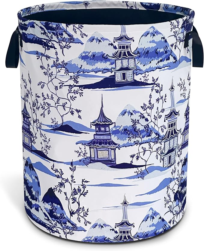 Blue White Porcelain Chinoiserie Laundry Basket Oxford Cloth Laundry Hamper by Unknown