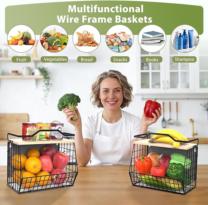 Magnetic Shelf for Fridge with Wood Lid, 2 Tier Fruit Baskets Wall Mounted - Image 5
