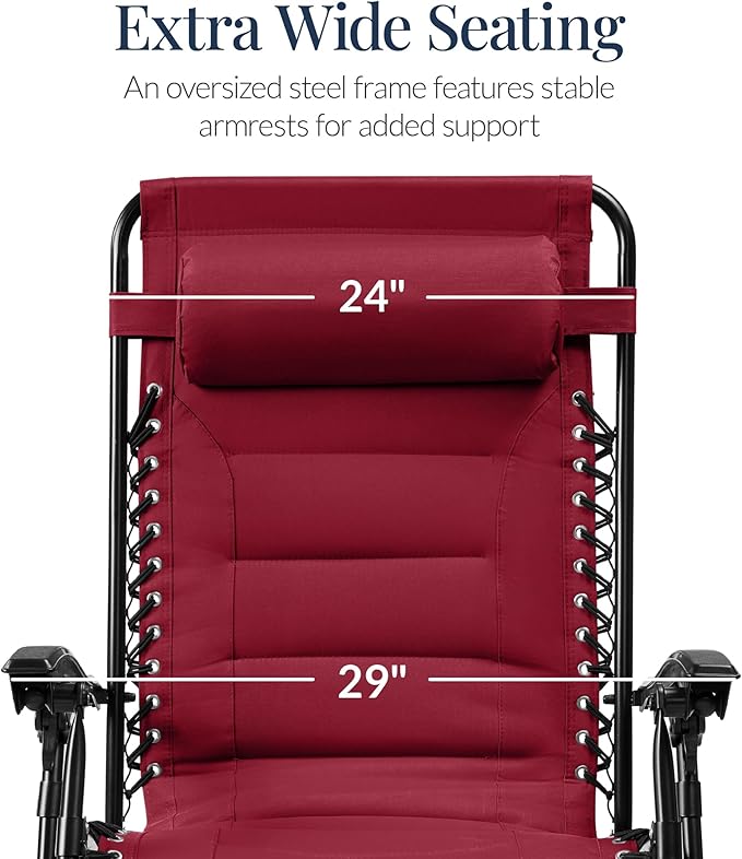 Best Choice Products Oversized Padded Zero Gravity Chair, Folding Outdoor Patio Recliner, XL Anti Gravity Lounger for Backyard w/Headrest, Cup Holder, Side Tray, Polyester Mesh - Burgundy - Image 3