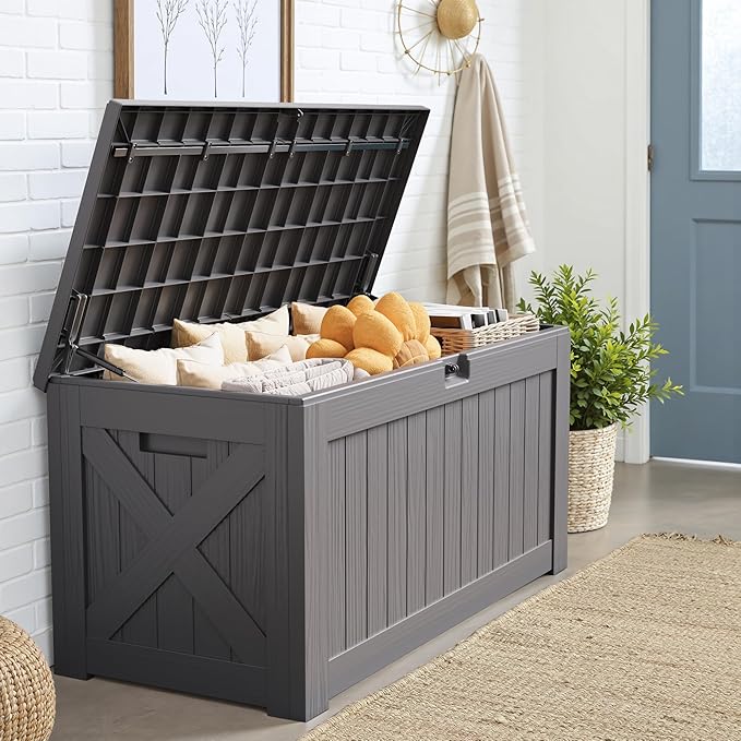 JUMMICO 120 Gallon Resin Deck Box, Large Outdoor Storage Box Waterproof & Lockable for Garden, Patio, Pools (Gray) - Image 6