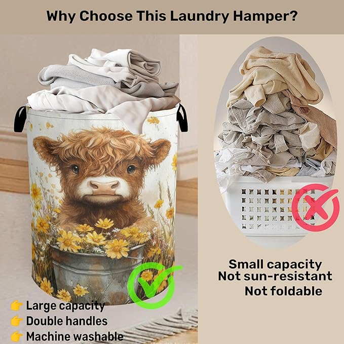 Cute Highland Cow Flower Foldable Canvas Laundry Basket - Image 3