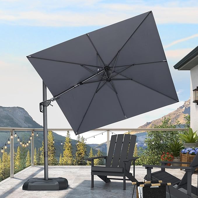 PURPLE LEAF 8' X 8' Tilting Patio Umbrella with Base Outdoor Cantilever Swivel Square Umbrella with Tilt Aluminum Offset Umbrella with 360-degree Rotation for Garden Deck Pool Patio Light Grey - Image 2