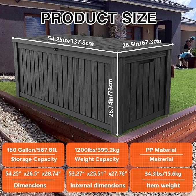 TARKARI 180 Gallon Lockable Resin Deck Box, Waterproof & UV-Resistant Outdoor Storage Box for Outdoor Cushion Storage, Garden Tools & Pool Accessories Storage, Black - Image 2