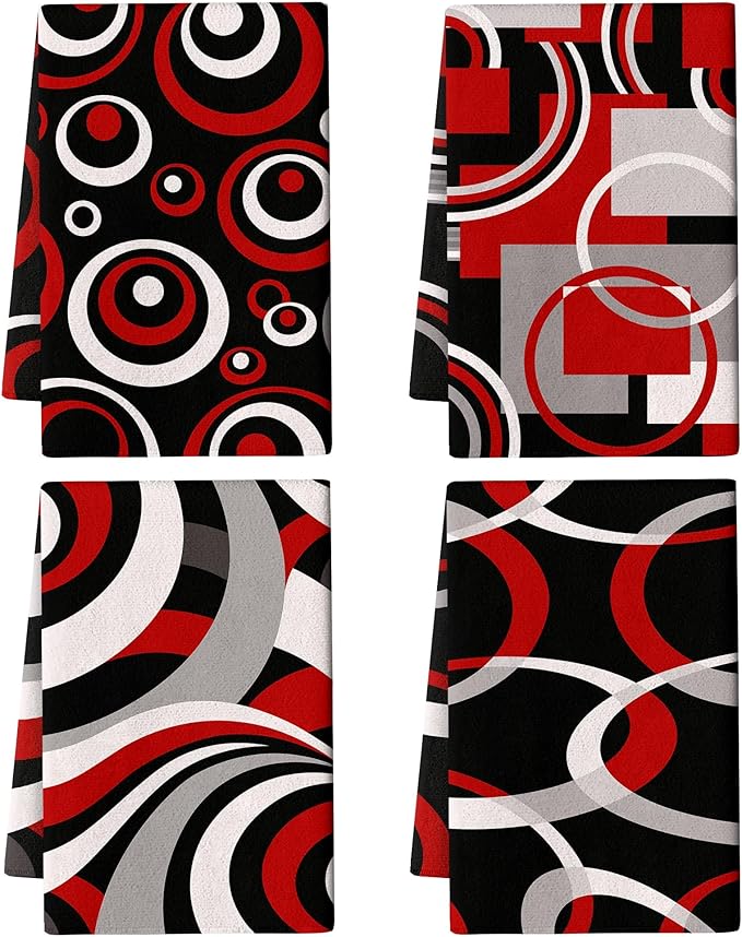 Red Black Grey White Kitchen Dish Towels Set of 4, Soft Absorbent Modern by Unknown