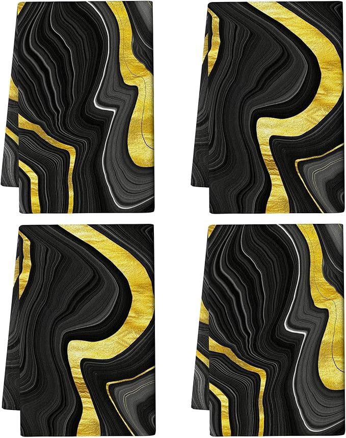 Black Gold Kitchen Dish Towels Set of 4 Soft Absorbent Marble Texture Black by Unknown