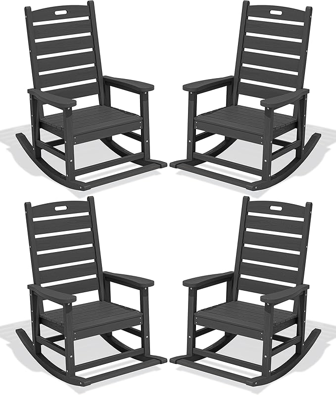 SERWALL Outdoor Rocking Chair Set of 4, Oversized HDPE Patio Rocking Chair with Footrest for Adults, All Weather Porch Rocker for Deck Patio Balcony, Gray by SERWALL