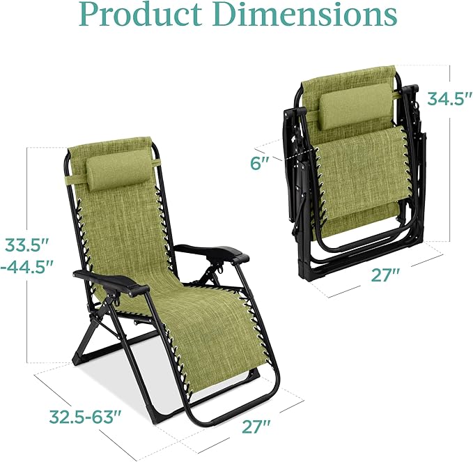 Best Choice Products Oversized Zero Gravity Chair, Folding Outdoor Patio Recliner, XL Anti Gravity Lounger w/Removable Cushion, Cup Holder, Side Tray, 350lb Capacity - Lime Green - Image 2