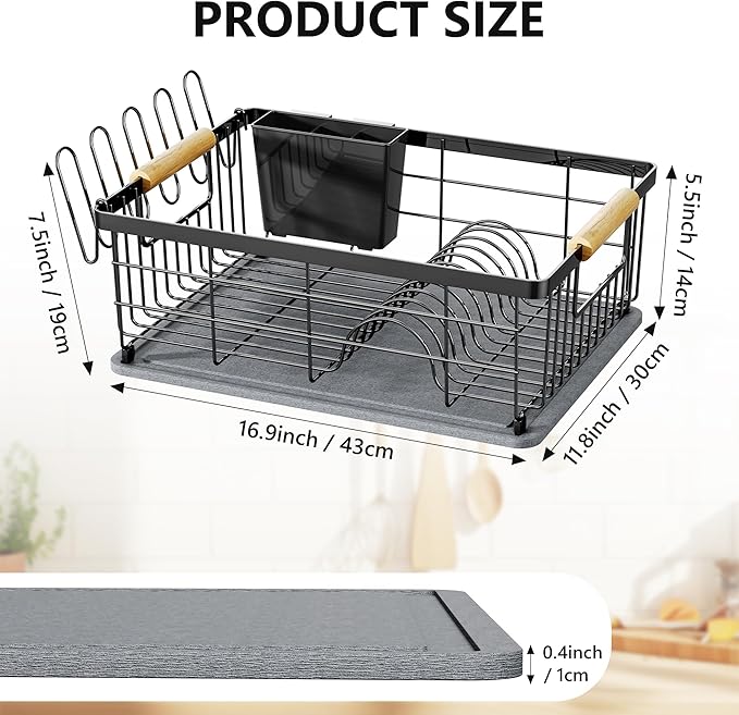 Dish Drying Rack Black with Diatomaceous Earth 1 Tier, Large Capacity Space - Image 2