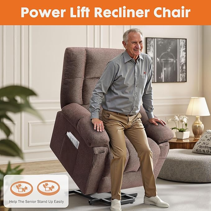 Sweetcrispy Power Lift Recliner Chair with Vibration Massage and Heat for Adults, Ergonomic Overstuffed Breathable Fabric Reclining Chair with Side Pockets, Remote Control, Living Room, Bedroom, Brown - Image 6