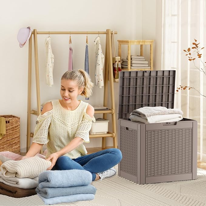ROJIK Outdoor Storage Housing Deck Box - Waterproof Patio Furniture, Garden Tools, Cushions, Pool Accessories Storage Bench with Lockable Lid and Side Handles (Grey Rattan, 30 Gal) - Image 3