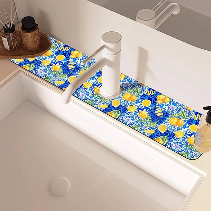 Blue Tiles and Yellow Lemon Sink Faucet Absorbing Mat Sink Splash Guard Faucet - Image 2