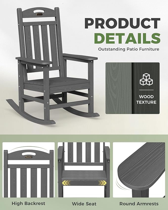 Oversized Outdoor Rocking Chairs Set of 2, High Back Porch Rocking Chair, HDPE All Weather Resistant Rocking Chairs for Patio, 380lbs Weight Capacity, Dark Grey - Image 6