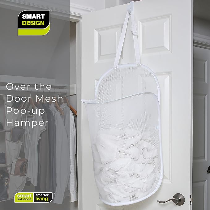 Smart Design Deluxe Mesh Over The Door Pop Up Hamper w/ Hook & Adjustable Strap - Image 7