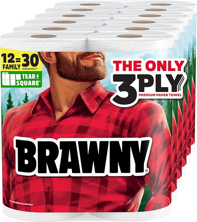 Brawny Tear-A-Square 3-Ply Paper Towels, 12 XL Family Rolls = 30 Regular Rolls by Brawny%C2%AE