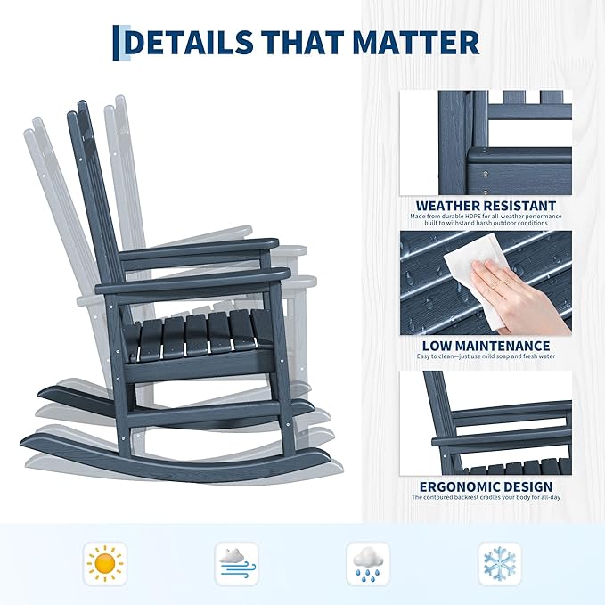 GarveeLife Poly Lumber Rocking Chair Outdoor Set of 2 with Side Table - HDPE High Back Porch Rocker Chairs for Adults - All Weather Resistant Furniture for Patio - Navy Blue - Image 5