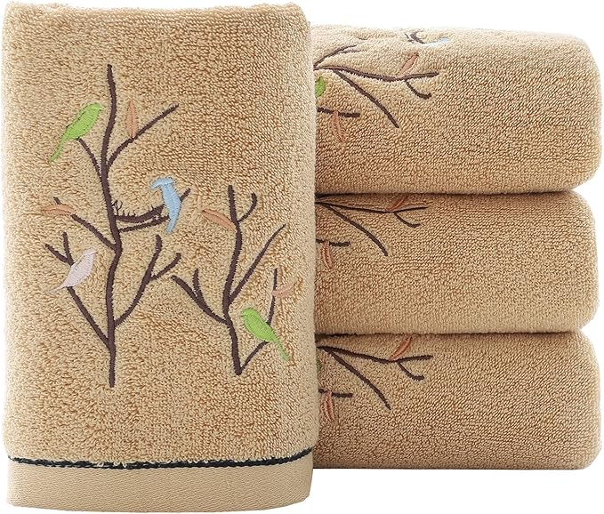 Pidada Hand Towels Set of 4 Embroidered Bird Tree Pattern 100% Cotton Absorbent by Pidada