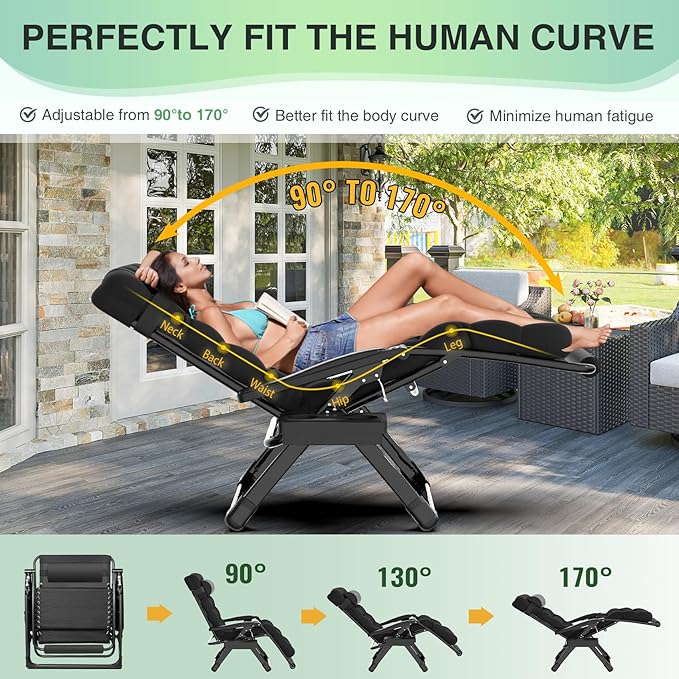 Suteck Oversized Zero Gravity Chair, 29In XL Outdoor Recliner Chair w/Removable Cushion&Headrest, Camping Lounge Chair w/Upgraded Lock&Footrest, Reclining Patio Chairs for Indoor Outdoor,500LBS - Image 5