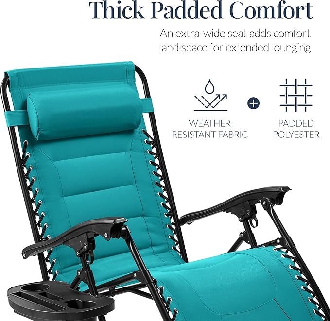 Best Choice Products Oversized Padded Zero Gravity Chair, Folding Outdoor Patio Recliner, XL Anti Gravity Lounger for Backyard w/Headrest, Cup Holder, Side Tray, Polyester Mesh - Peacock Blue - Image 4