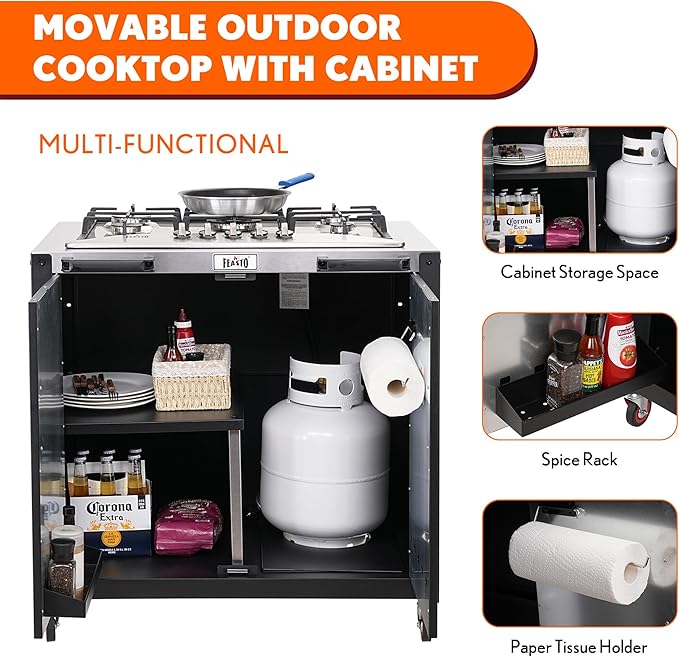 Gas Grill, Movable Outdoor Gas Stove Stainless Steel Top with Cabinet, 5 Burners with 36,200 BTUs, Outdoor Propane Grill for Outdoor Cooking, Ideal for Lawn & Garden, L35.4 x W24 - Image 4