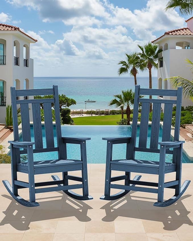 KINGYES Oversized Outdoor Rocking Chair, All-Weather Patio Rocking Chairs for Porch, HDPE Outdoor Patio Rockers with High Back & Wide Seat for Garden, Lawn, Blue - Image 2