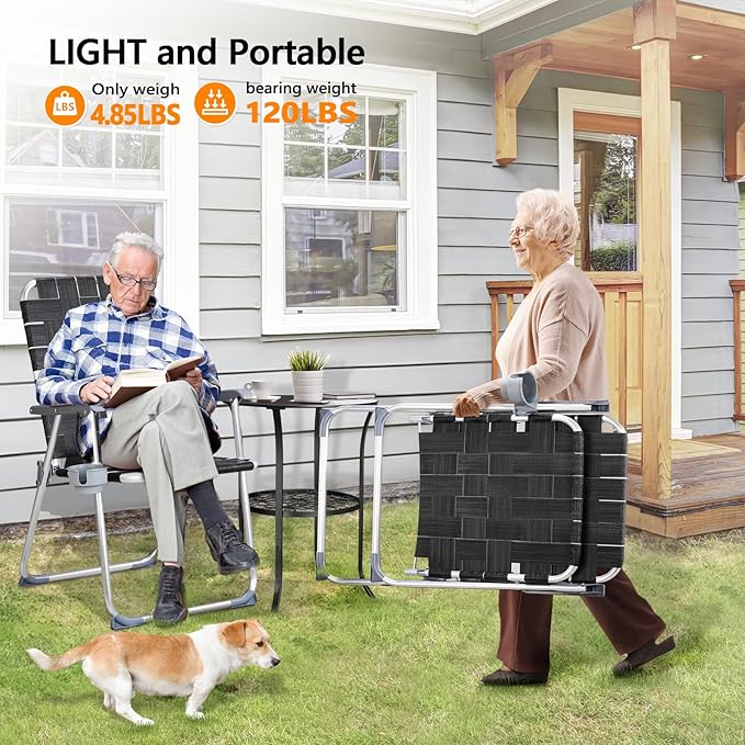 VINGLI Aluminum Patio Lawn Chairs Folding Set of 2 with Detachable Cup Holder, Webbed Beach Chair Folding Chair Outdoor Portable Camping Chair for Yard, Garden - Image 6
