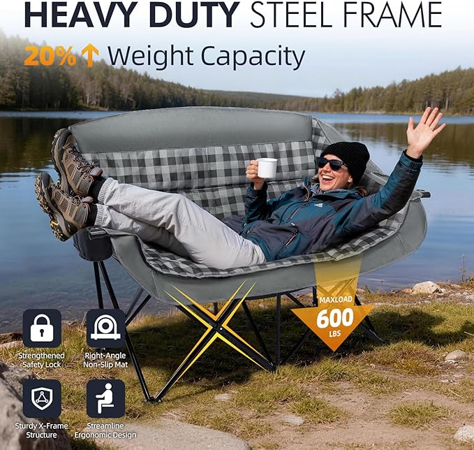Double Camping Chairs Padded Loveseat Chair for 2 Person - Heavy Duty Oversized Camping Couch for Adults Outdoor Lawn Beach Portable Folding Sofa with Cup Holders Support 600lbs, Grey - Image 5