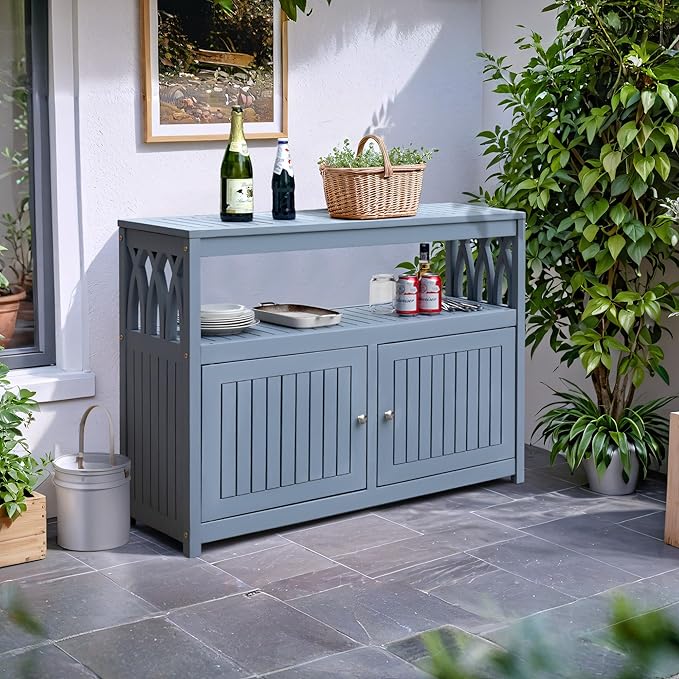 Flamaker Acacia Wood Cabinet with 2 Magnetic Doors - Weatherproof Outdoor Storage, Buffet, TV Stand, Bar, Potting Table (Grey) - Image 7