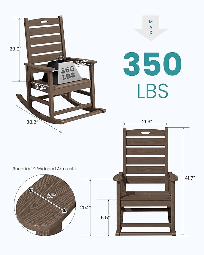SERWALL Outdoor Rocking Chair, Oversized Rocking Chair with Footrest for Adults, HDPE All Weather Resistant Rocking Chairs for Patio, 350lbs Weight Capacity, Coffee - Image 3
