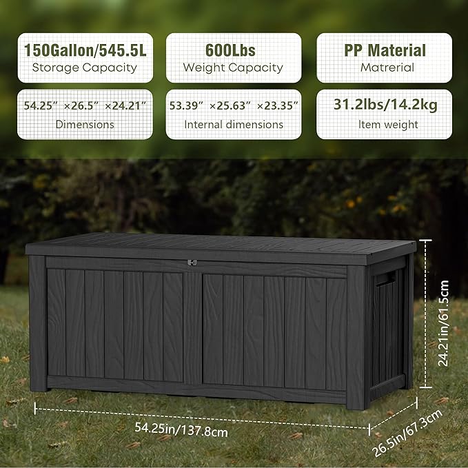 TARKARI 150 Gallon Lockable Resin Deck Box, Waterproof & UV-Resistant Outdoor Storage Box for Outdoor Cushion Storage, Garden Tools & Pool Accessories Storage, Black - Image 2