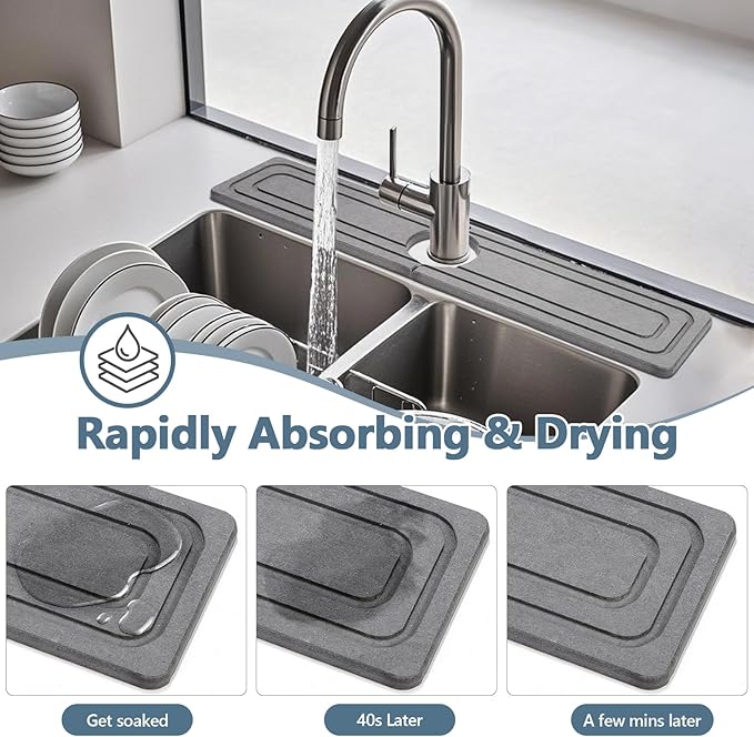 Faucet Mat for Kitchen Sink, Rapidly Absorbing Diatomite Fast Drying Stone - Image 3