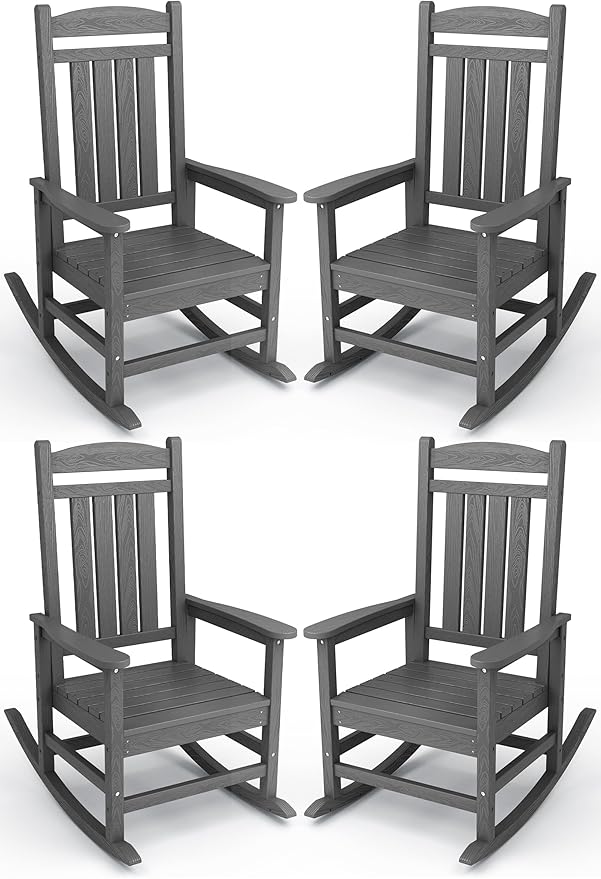 KINGYES HDPE Patio Rocking Chair Set of 4, Outdoor Rocking Chairs Porch Rocker for Adults, Grey by KINGYES