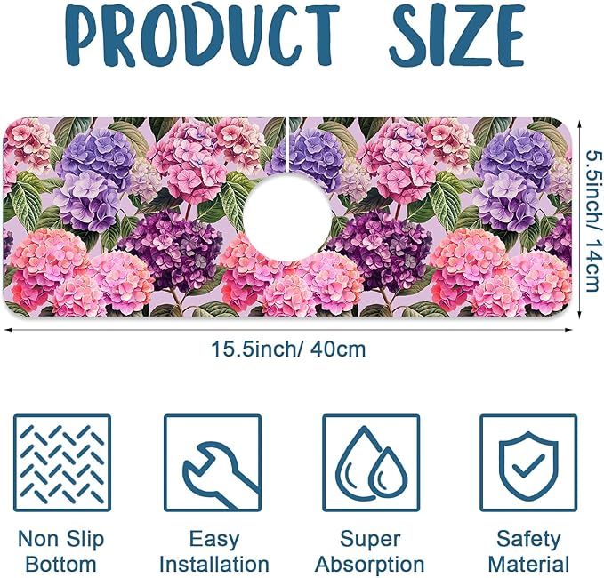 Colorful Hydrangea Sink Splash Guard Faucet Mat Purple Pink Hydrangea Super - Image 2
