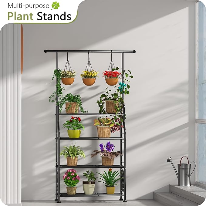 GIOTORENT Plant Stand Indoor Outdoor, 4-Tier Heavy Duty Metal Shelves, Display up to 17 Multiple Plants, Tall Plant Holder with Plant Hanger, Suit for Patio Living Room Garden Balcony, 5 Hooks, Black - Image 2