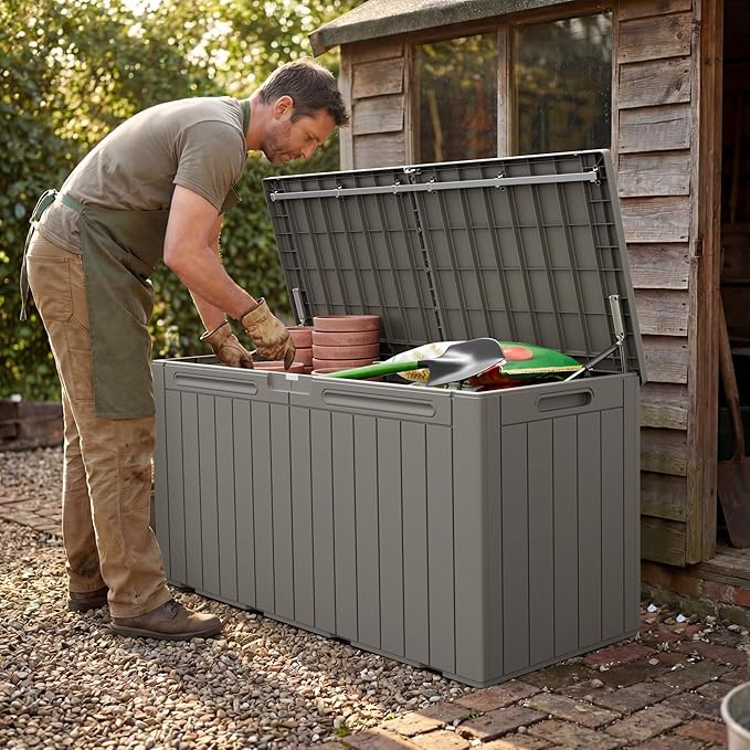 Greesum 110 Gallon Outdoor Storage Box with Lockable Lid, All-Weather Solution for Patio Furniture, Pool Supplies & Garden Tools, Waterproof, UV-Resistant Large Deck Box, Light Coffee - Image 6
