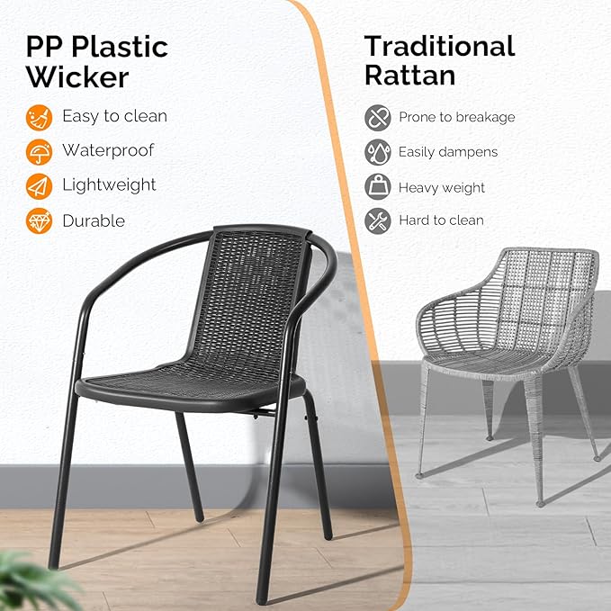 VINGLI PE Rattan Outdoor Dining Chairs Set of 2, Plastic Stackable Patio Chairs for Indoor, Porch, Restaurant, Garden, Black - Image 6
