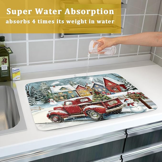 Christmas Dish Drying Mat for Kitchen Counter 24x18 Inch Xmas Red Truck Drying - Image 7