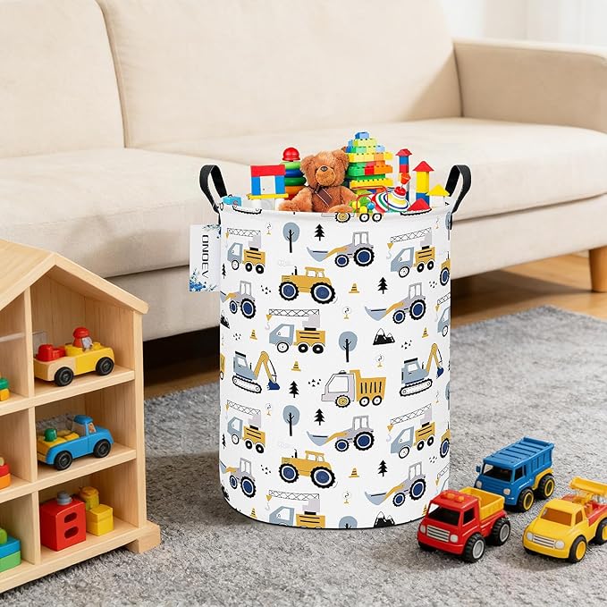 Round Foldable Laundry Hamper Kids Forest Vehicles Excavator Boys Gift Basket - Image 6