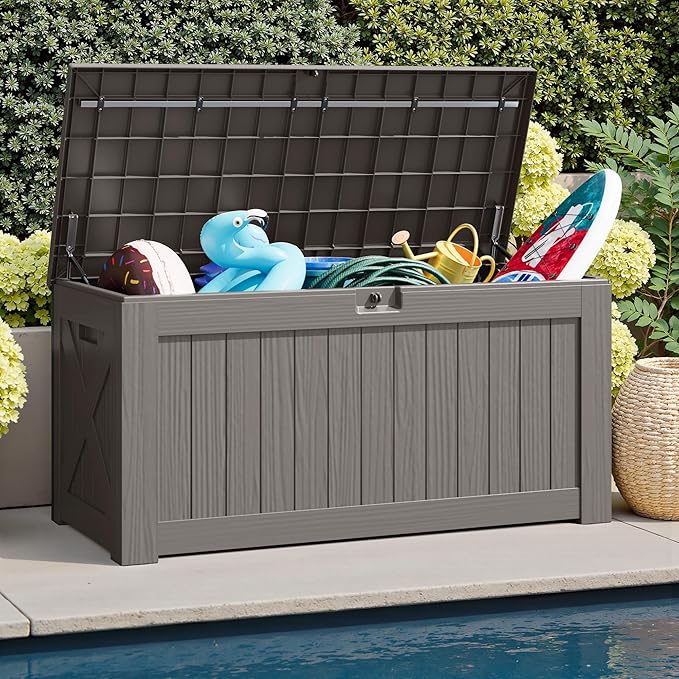 JUMMICO 120 Gallon Resin Deck Box, Large Outdoor Storage Box Waterproof & Lockable for Garden, Patio, Pools (Light Brown) - Image 4