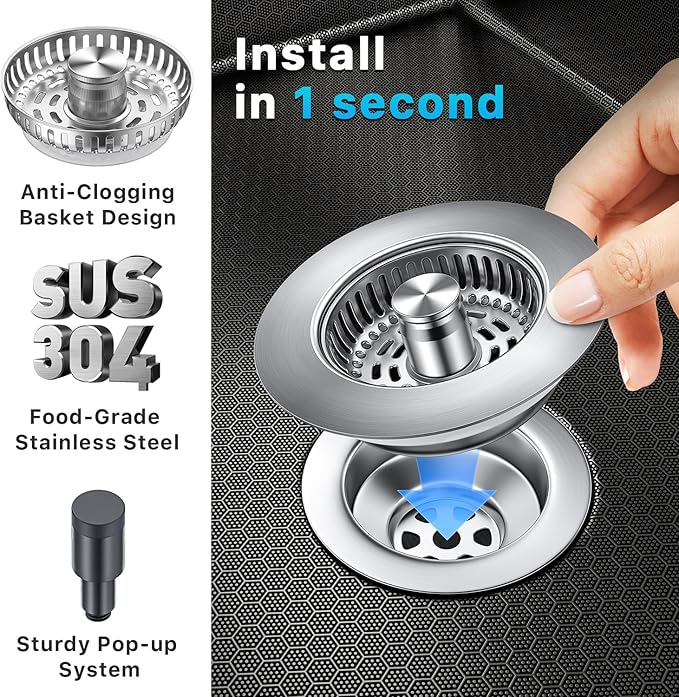 1S-Install Upgraded Kitchen Sink Strainer & Stopper – Pop-Up Fast Drain - Image 2