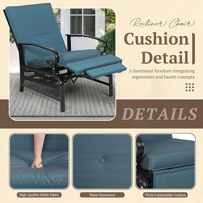 Oakcloud Adjustable Outdoor Lounge Chair Metal Patio Relaxing Recliner Chair with Removable Cushions(Peacock Blue) - Image 4