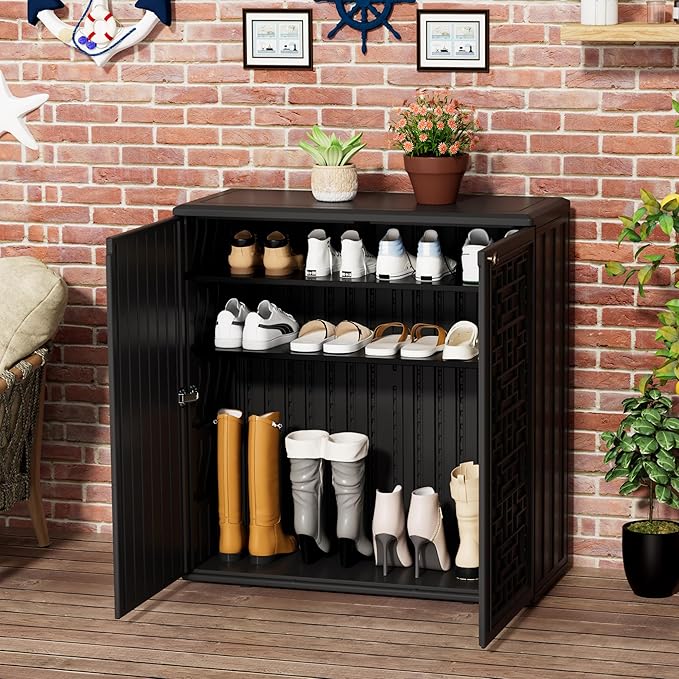 Outdoor Storage Cabinet Waterproof with Shelf,Resin Storage Sheds Outdoor Cabinets for tub Towels/Chemicals/Grill Items/Patio/Garden/Backyard, Size 34.3''L*15''W*36.2''H（Black） - Image 8