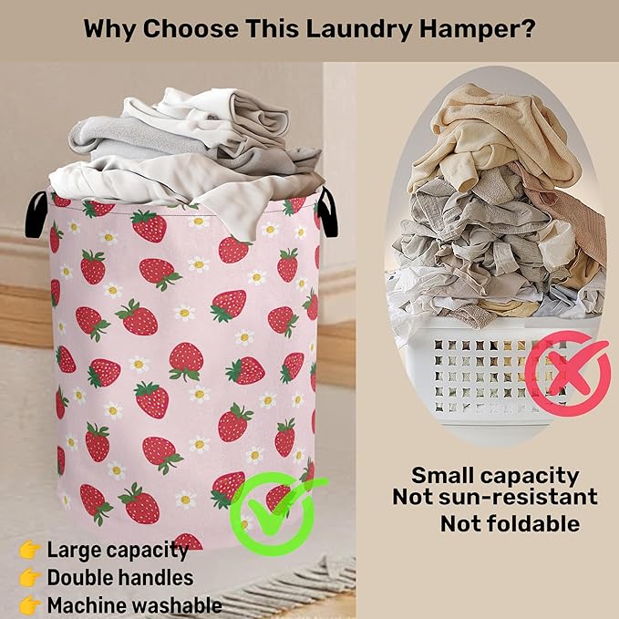 Cute Pink Strawberry Laundry Basket, Extra Large Foldable Hamper - Image 3